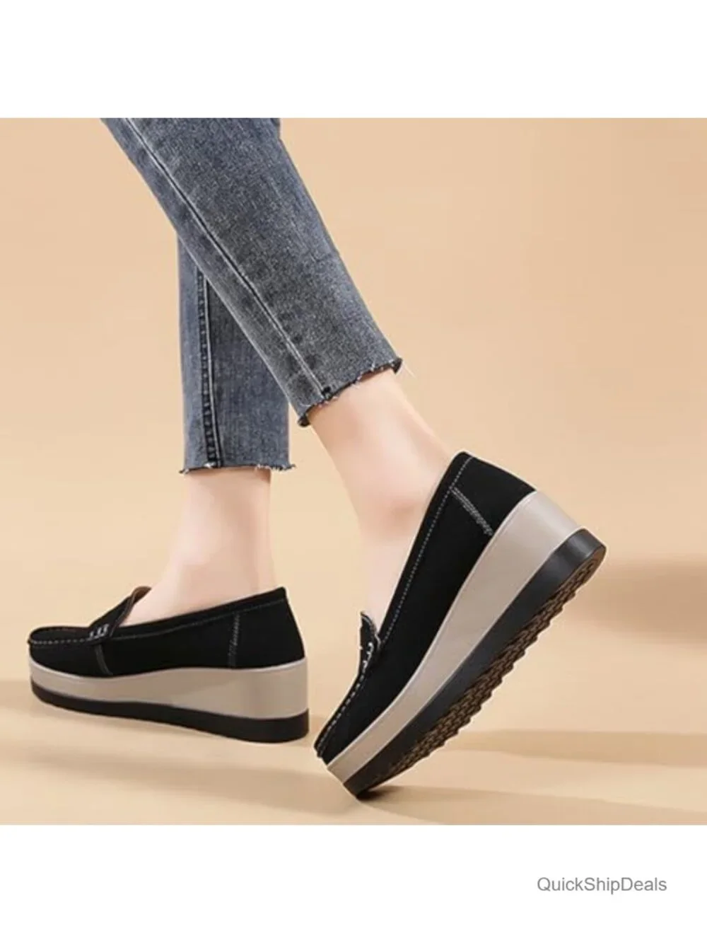 Women's Suede Platform Wedge Penny Loafers Round Toe Slip On Non Slip Business